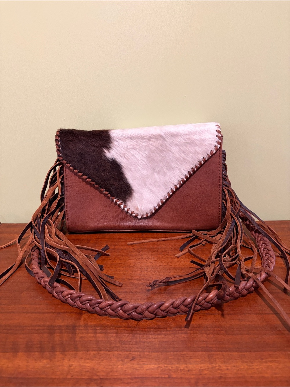 American Darling Brown Leather Crossbody with White & Dark Brown Cowhide Flap